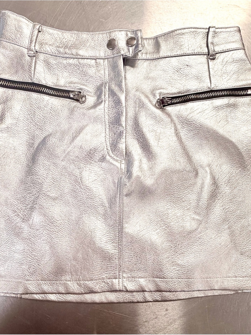 Metallic Silver Mini Skirt with Zip Pocket Detail